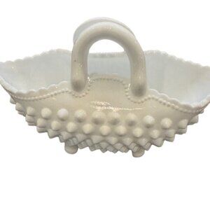 White Hobnail Milk Glass Mini Basket With Handle & Scalloped Edge